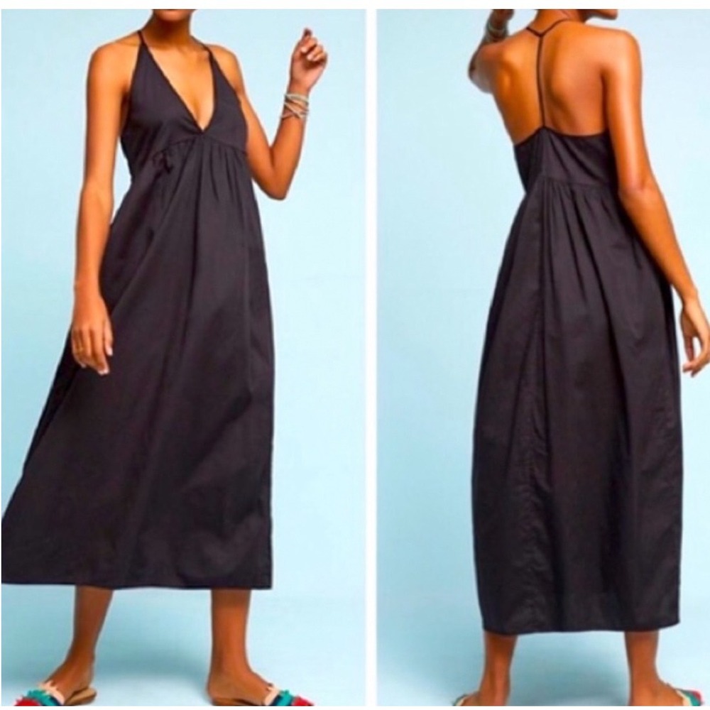 LACAUSA Black Deep V-Neck T-Back Halter Maxi Dress Large